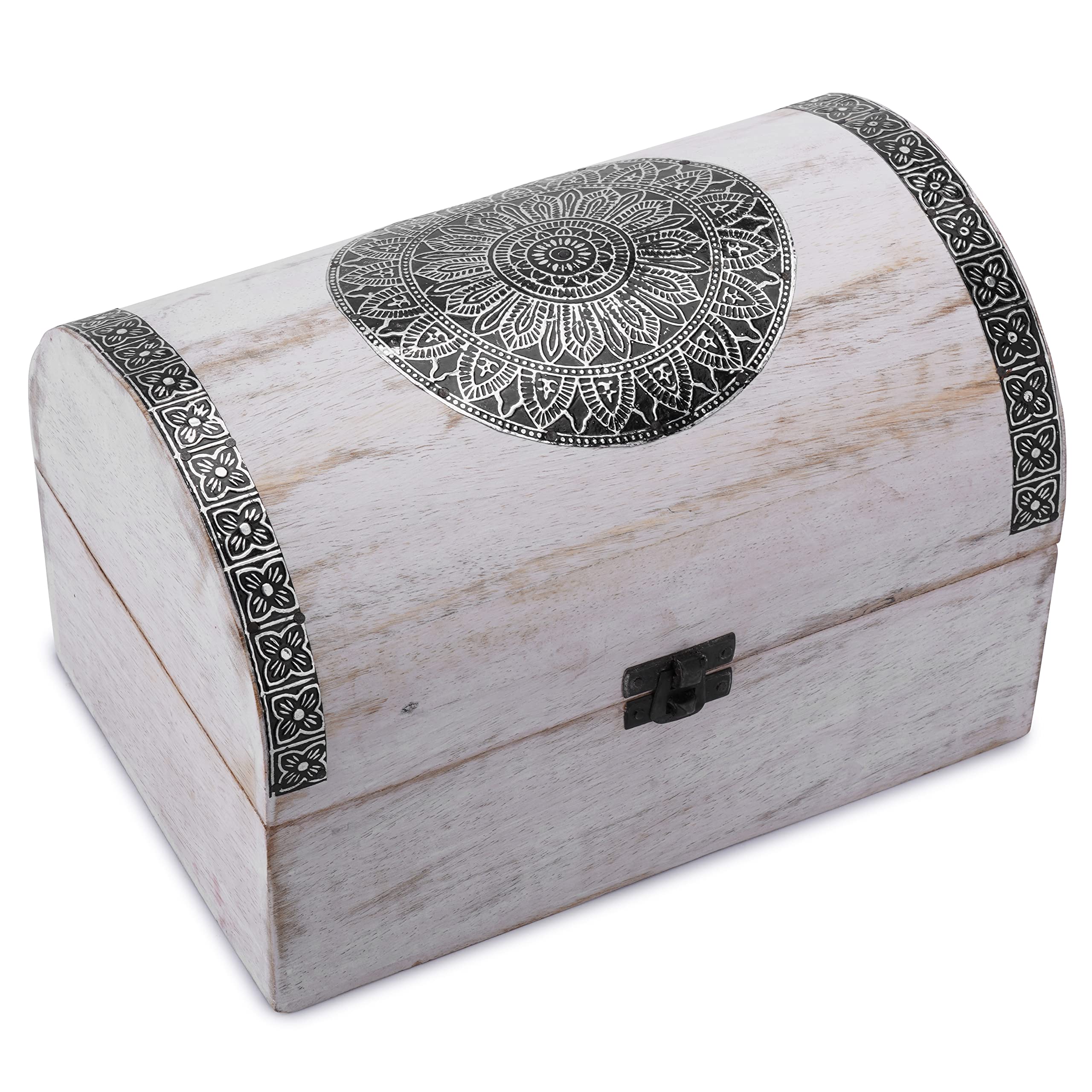 Ajuny Wooden Handcarved Decorative Jewelry Box with Mandala Flower Design on Lid Multipurpose Treasure Chest Keepsake Trinket Holder Storage Organizer Case Gifts White 9x6 Inch