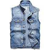 Ginsiom Men's Denim Vest,Sleeveless Jacket Slim Fit Vintage Casual Ripped Summer Jean Vest for Men