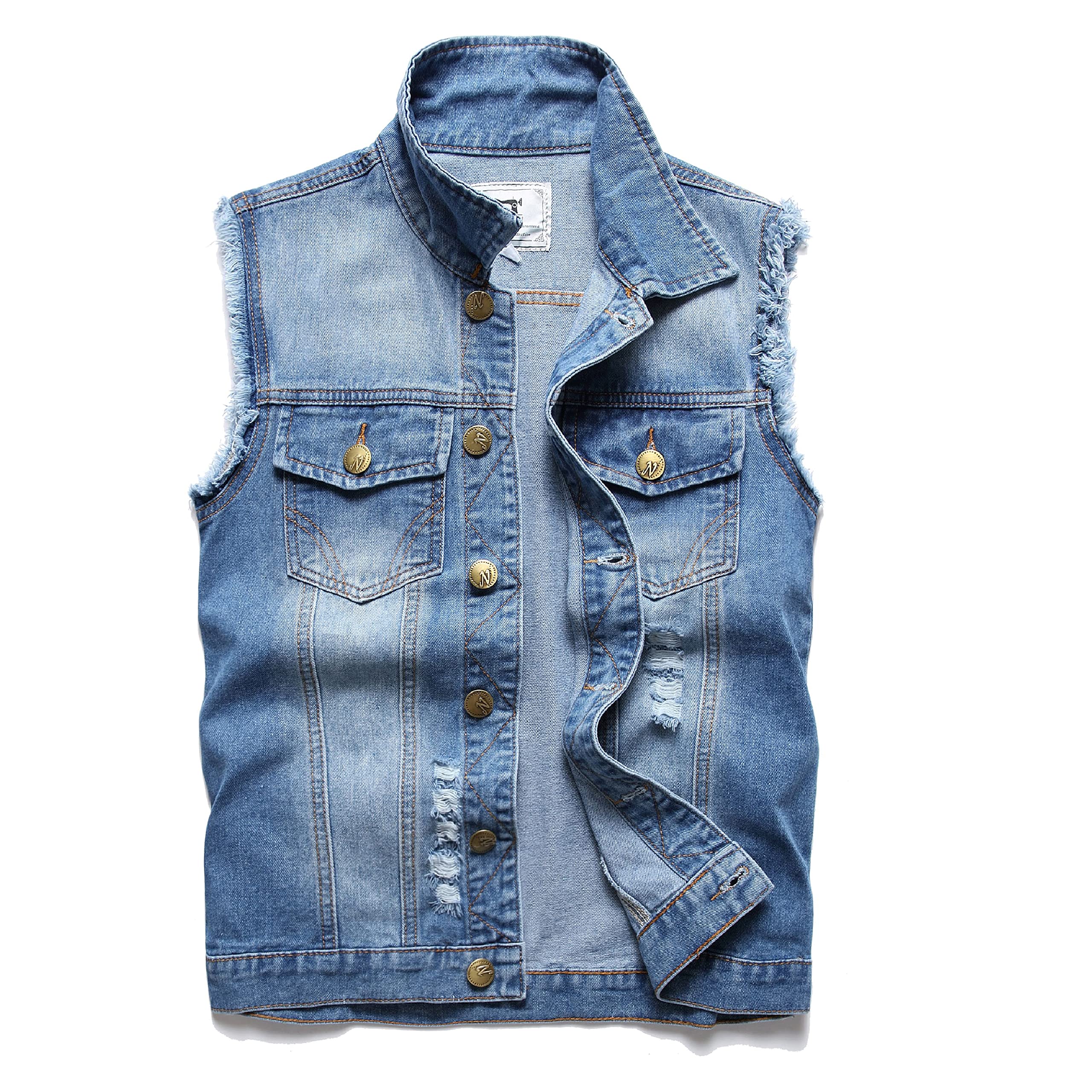 Photo 1 of Ginsiom Men'S Light Blue Jean Vest Slim Fit Retro Sleeveless Ripped Punk Casual 80s Battle Denim Jacket