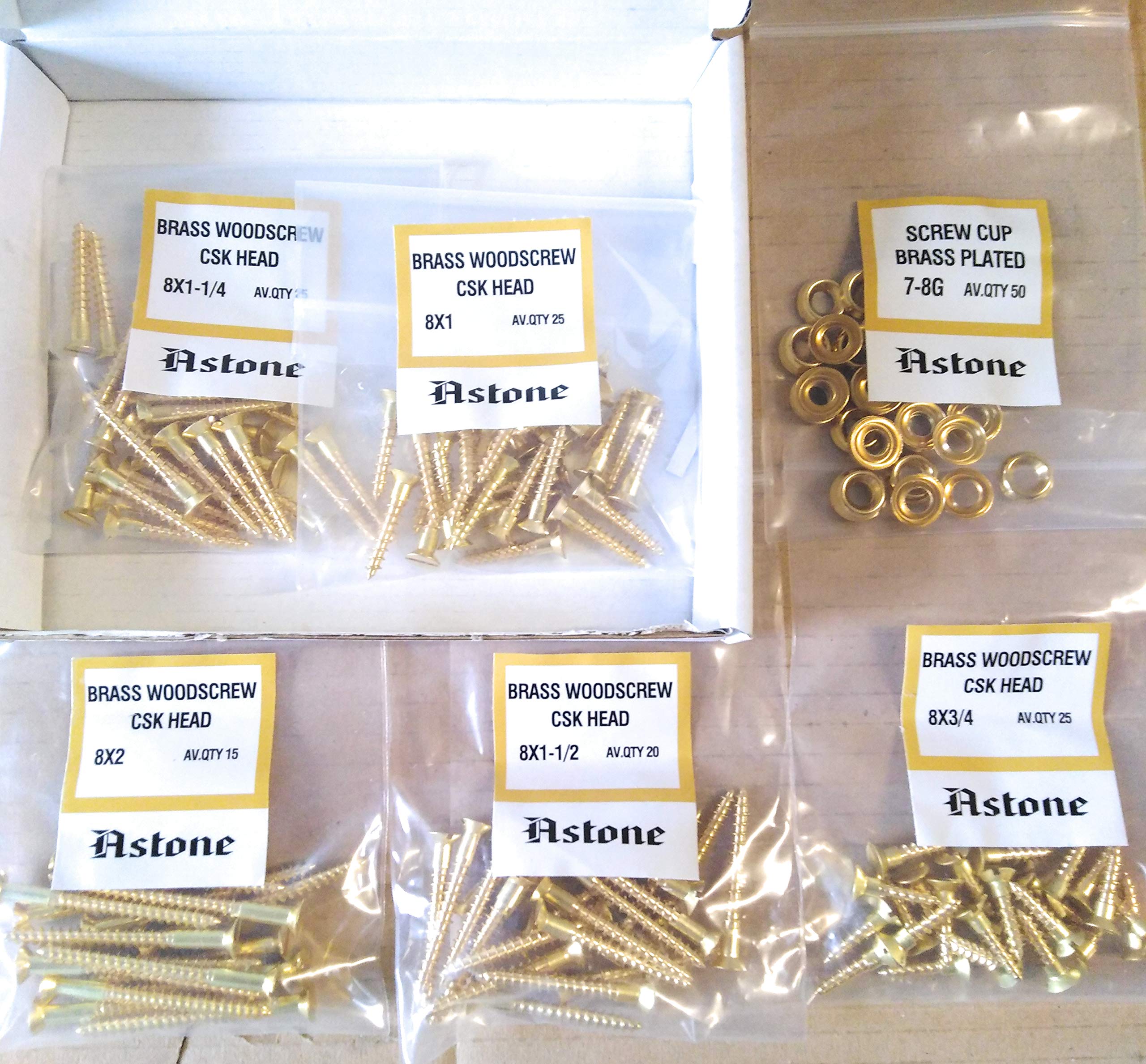 Astone Brass Screws assortments (110 Screws 8 x ¾'', 1'', 1¼'', 1½'', 2'')