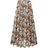 ALILALY Womens Floral Long Skirts Chiffon Casual Maxi Skirt High Waisted A-Line Pleated Boho Flowy Skirt