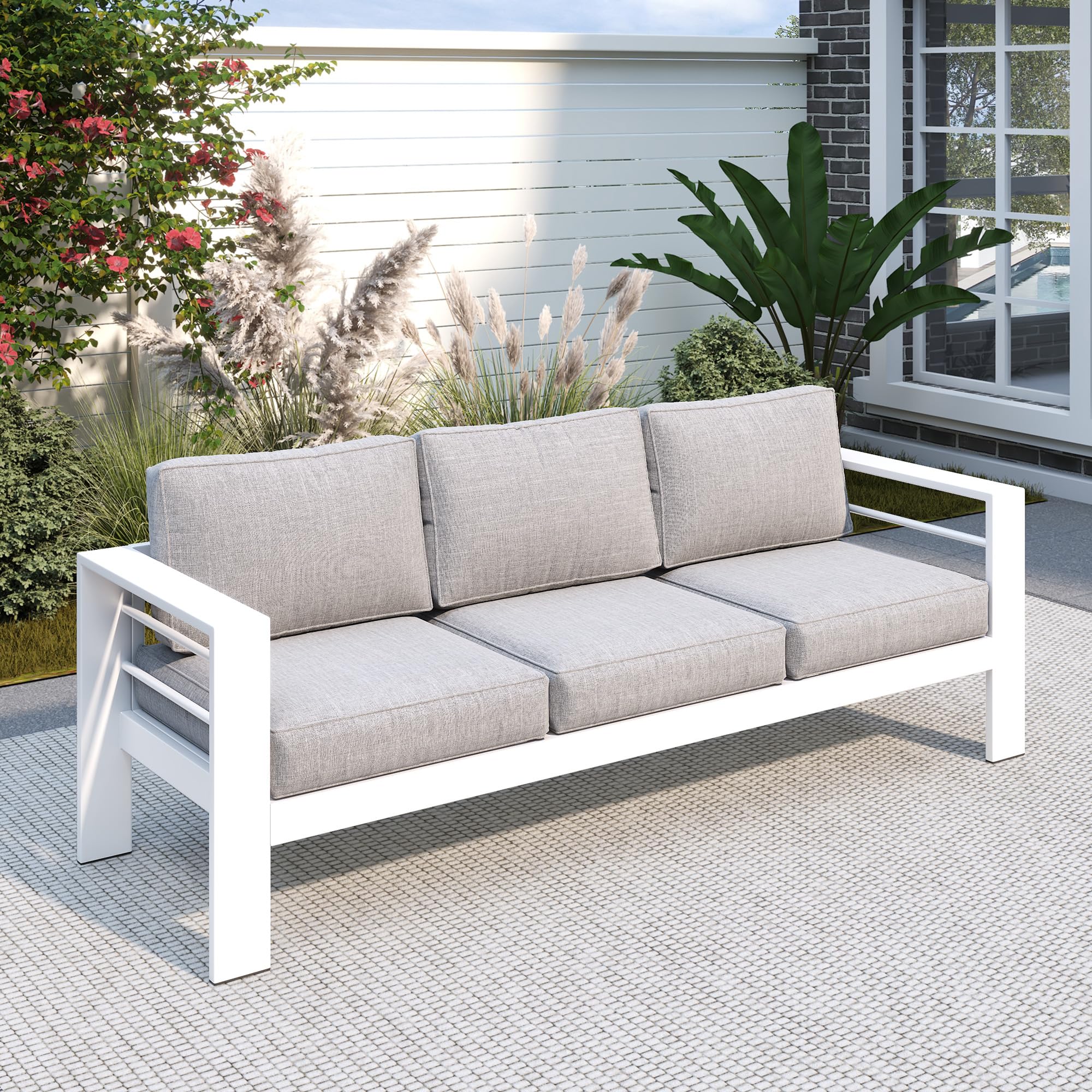 Solaste Outdoor Couch Aluminum Patio Furniture Sofa, 3-Seat All-Weather Metal Outdoor Patio Furniture with Cushions,Light Grey Image