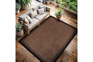 CAMILSON Indoor Outdoor Rug, 8x10 Bordered Nut Brown Black Modern Area Rugs for Indoor and Outdoor Patios, Kitchen and Hallway Mats, Washable Porch Deck Outside Carpet (Bordered Nut Brown, 8 x 10)