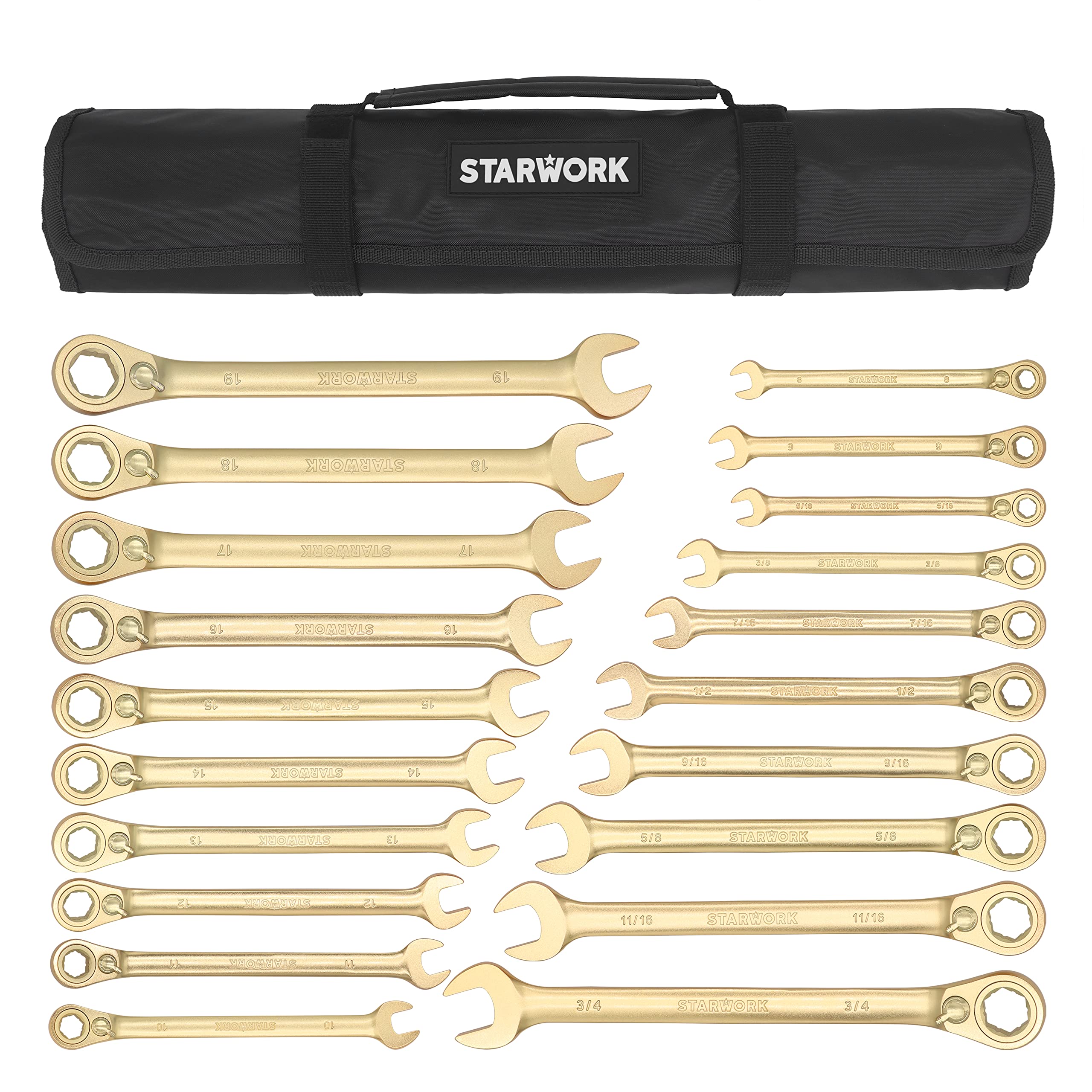 STARWORK 20 Pc. 6-Point SAE, Metric 15° Offset Vintage G-Plating Reversible Non-Slip Long Pattern Ratcheting Combination Wrench Set (5/16" -3/4" & 8-19 mm)
