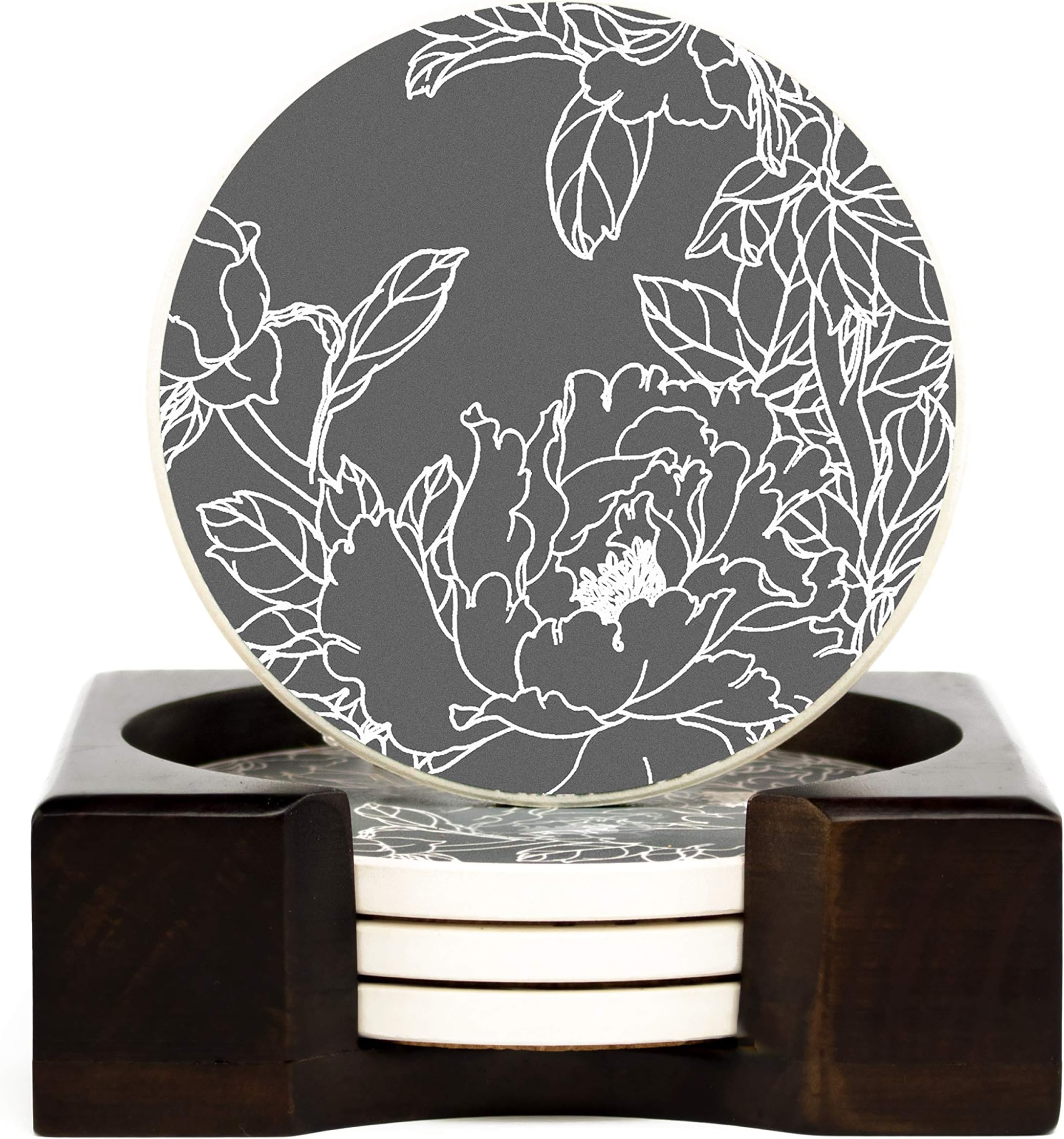 Coaster Set of 4 with Holder | Stone Drink Coasters Set, Peony. Absorbent with Beautiful Blonde Holder | Made of Ceramic with Cork Back, Absorbs Spills