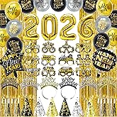 Happy New Year Party Decorations 2026, Happy New Years Eve Party Supplies Gold and Black Nye Party Decorations with Foil Balloons, Fringe Curtains, Glasses, Hats, Balloons, Headbands, Noisemakers