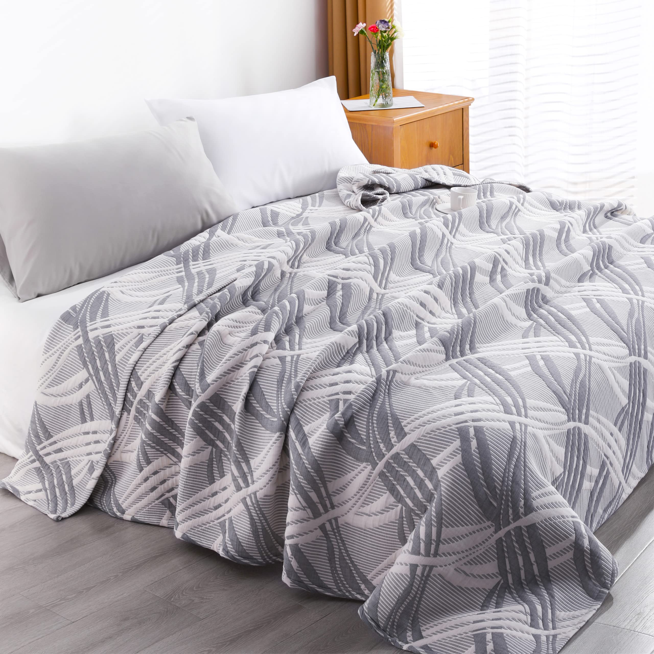 NTBAY 3 Layers Cotton Muslin 106x92 King Bed Blanket, Super Soft Breathable Thermal Yarn Dyed Quilt for Adults, Perfect Lightweight Blanket for Couch Sofa Bed All Seasons, Grey Wave Image