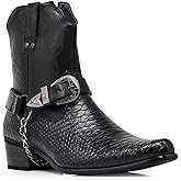 Alberto Fellini Men's Crocodile Prints Western Cowboy Boots with Side Zipper, Belt Buckle and Metal Chain