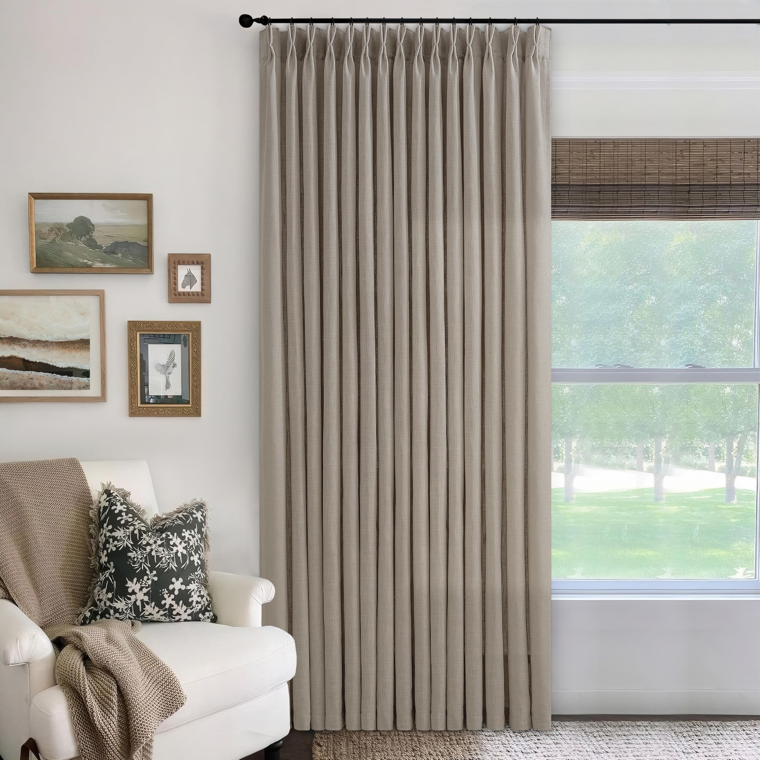 Photo 1 of Extra Wide 100 Inch Width Curtains 96 Inches Long Pinch Pleated for Patio Sliding Door Light Filtering Semi Sheer Linen Drapes Back Tab Grey Beige Taupe Extra Wide 100 x 96 Curtain Living Dining Room
