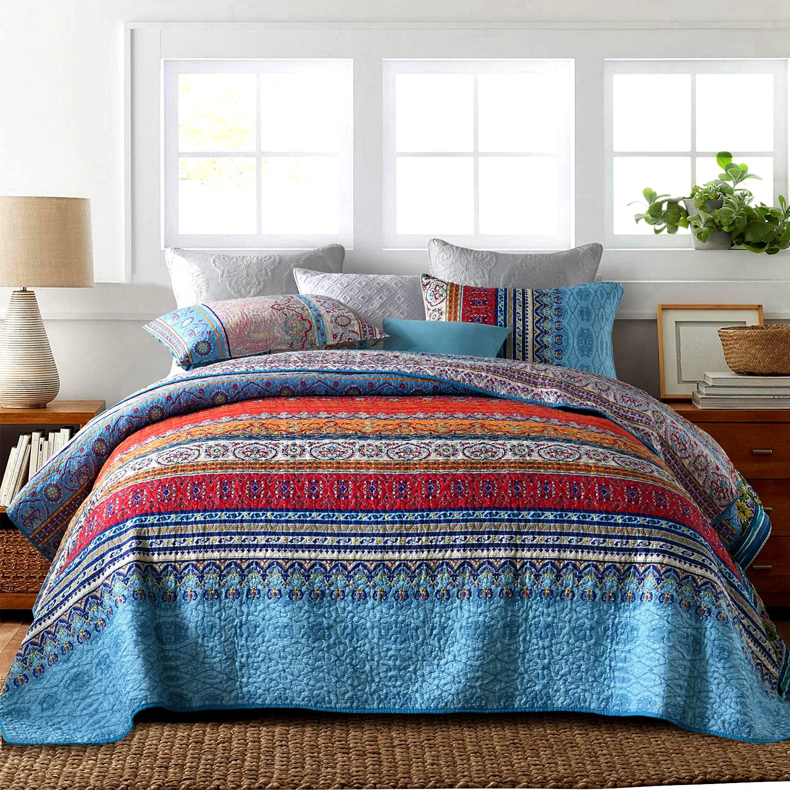 Qucover Bohemian Bedspread Double Size 220x240cm Quilted Bedspreads with 2 Pillow Shams, Soft Microfiber Quilted Bed Throws Ethnic Striped Bohe Bedspread Coverlet for All Season Boho Blue