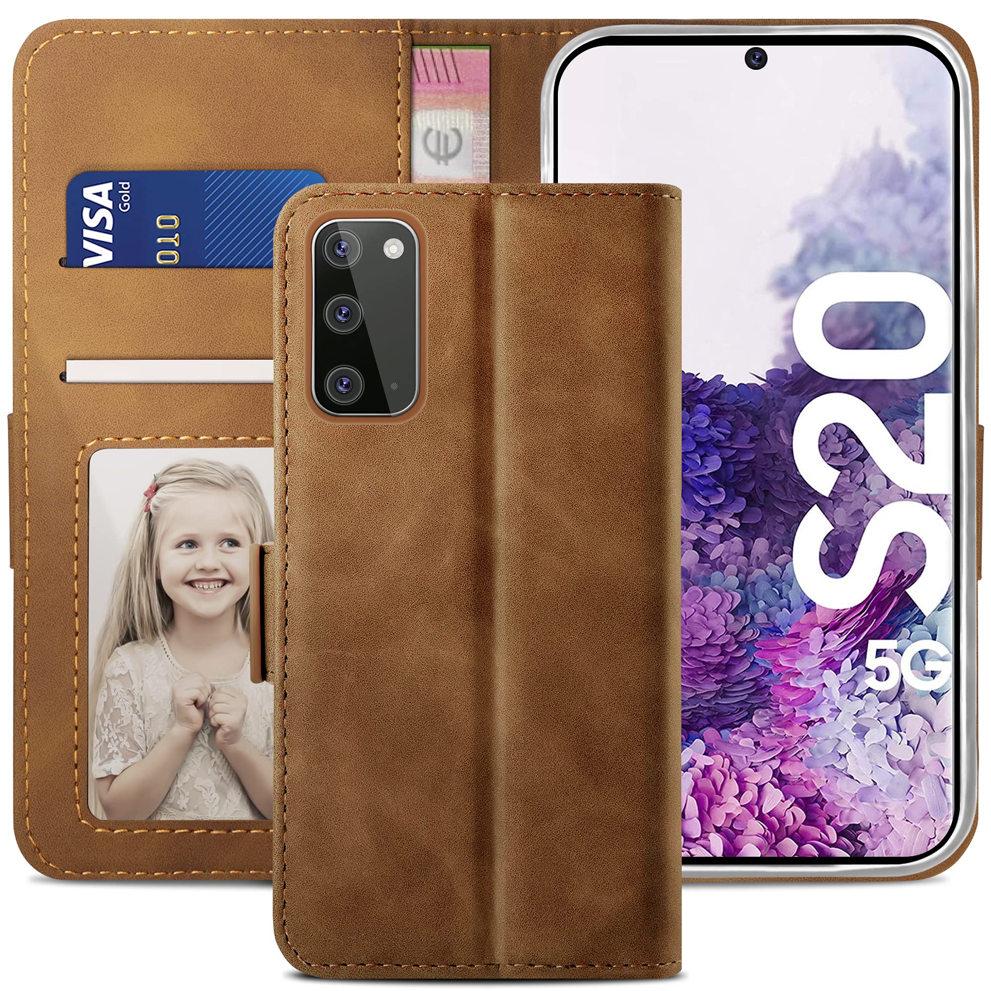 YATWIN Compatible with Samsung Galaxy S20 Case, Flip Wallet Leather Case with Card Slot and Shockproof Function Kickstand Phone Cases Cover for Samsung S20 4G/5G - Brown
