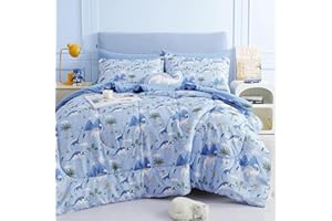 Mooreeke Kids Twin Comforter Sets for Boys 6 Pieces Dinosaur Blue Bedding Set for Teens Soft Microfiber Kids Bed in A Bag with Comforter, Sheet Set, Shams and Decorative Toy Pillow All Season