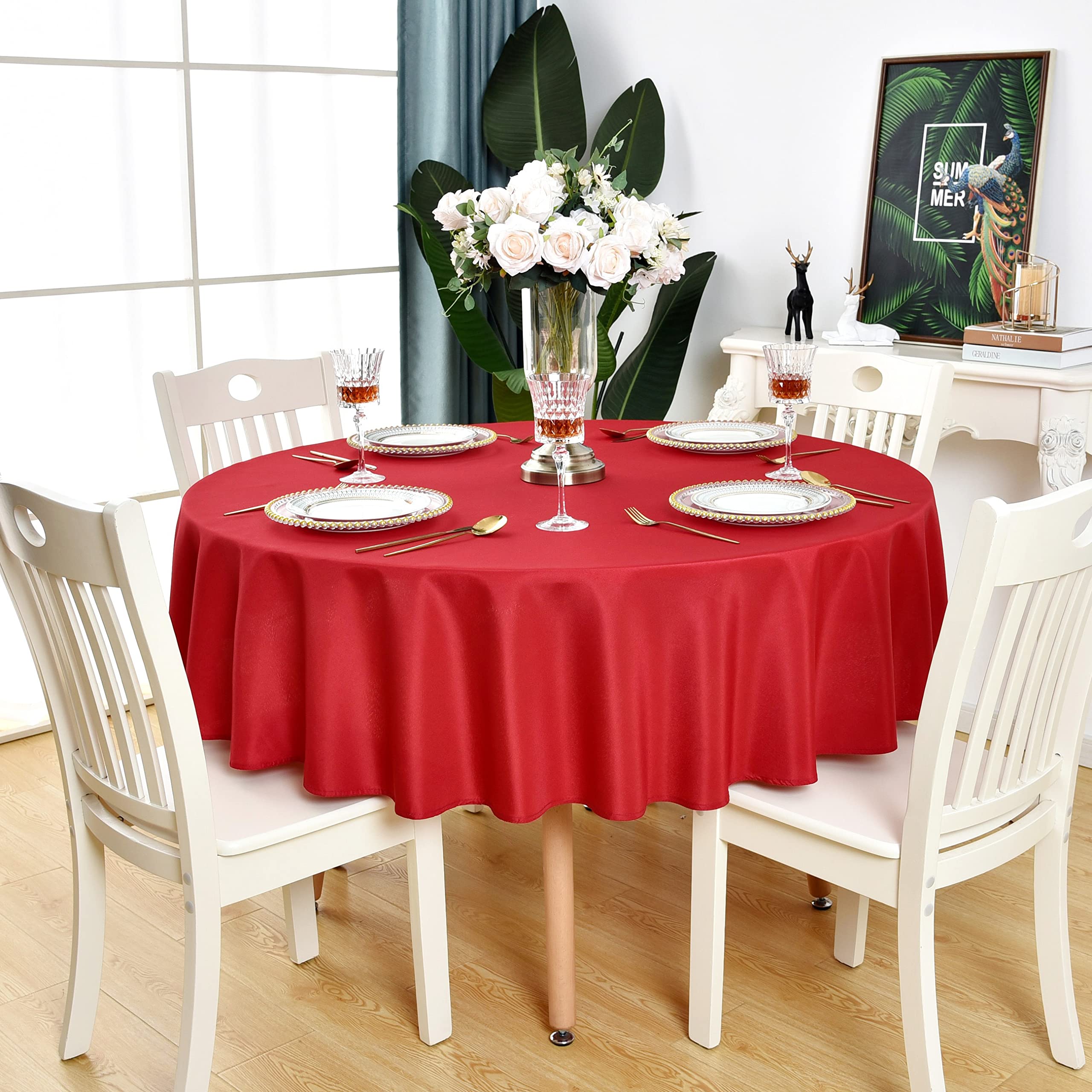 Photo 1 of KAIPHO Red Round Tablecloth Waterproof Stain Resistant Wrinkle Free Table Cloth 210GSM Polyester Washable Wipeable Table Cover for Party, Banquet, Wedding, Indoor and Outdoor use (60 inch, Circle)