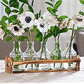 Le'raze Glass Flower Vase with Wooden Holder, Set of 6 Rectangular Bud Vases for Home Decor, Wedding, Mother's Day, Clear Glass, Metal Stand