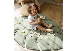 DORMIKID 100% Linen Organic Play Mat Leaf Baby Padded Rug Monstera Tropic Nursery Floor Toddler Kids Playmat for Crawling Rug Activity Playing Gym Cushioned Quilted Baby Mat Natural (Sage Mat)