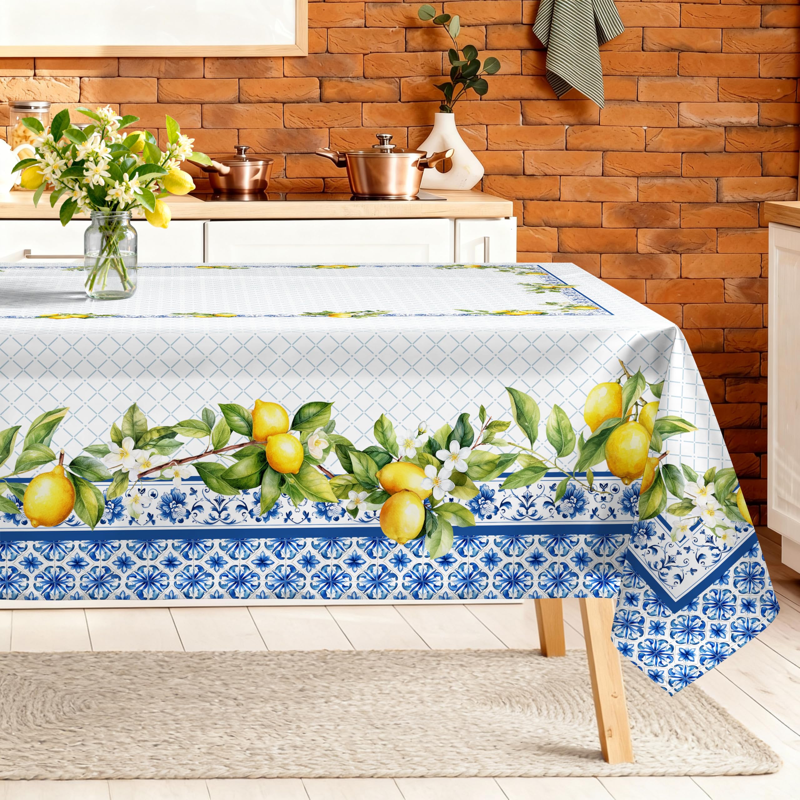 Arquiel Spring Summer Tablecloth, Retangle Vintage Lemon Tablecloth Waterproof, Stain Resistant Cloth Table Cover for Party Picnic Dinner Décor(152x264cm)