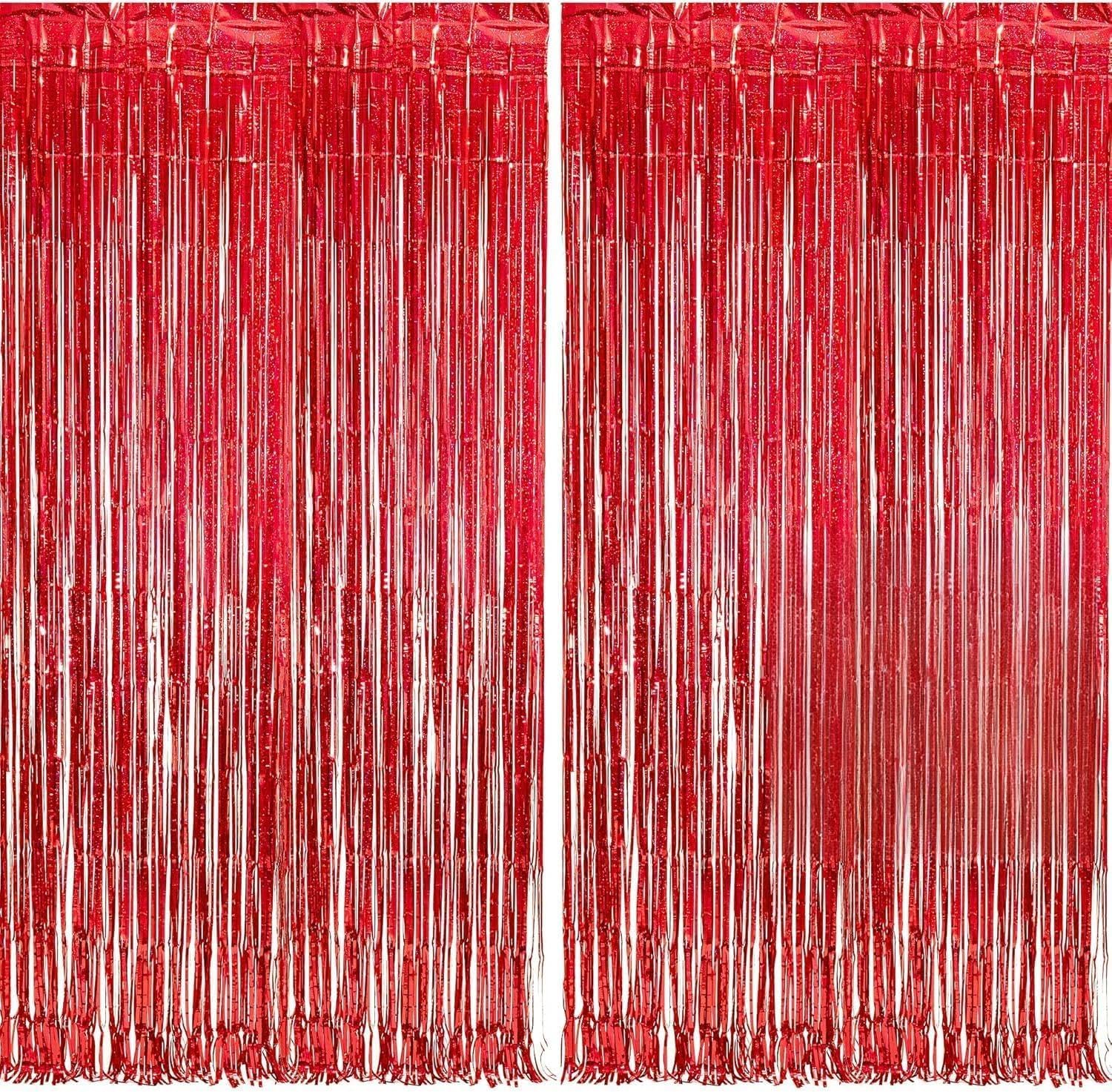 BRAVESHINE Red Foil Fringe Curtain Backdrop-2PCS 3.2x8.2ft Sparkle Tinsel Metallic Curtains Photo Booth Backdrop for Birthday Casino Strawberry Circus Christmas Valentines Party Decorations