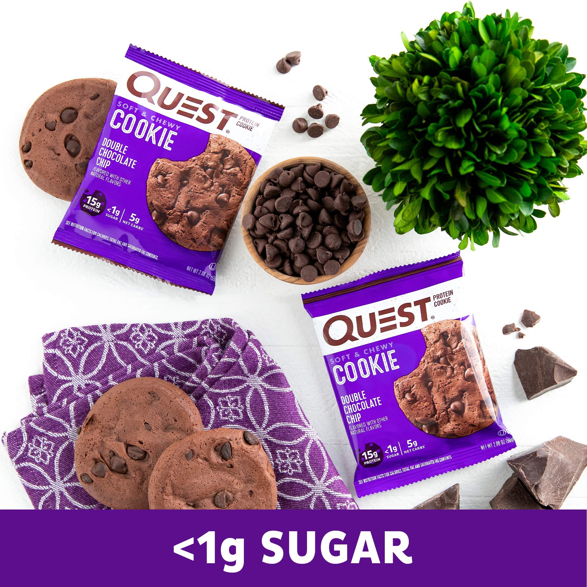 Quest Nutrition Double Chocolate Chip Protein Cookie, 15g Protein, 1g Sugar, 3g Net Carbs, Keto Friendly, High Protein, Low Carb; 4 Count