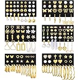 84 Pairs Gold Stud Earrings Set for Women Multipack, Fashion Pearl Cubic Zirconia Butterfly Earrings Packs Piercings, Hypoallergenic Stud Hoops Earrings for Gift