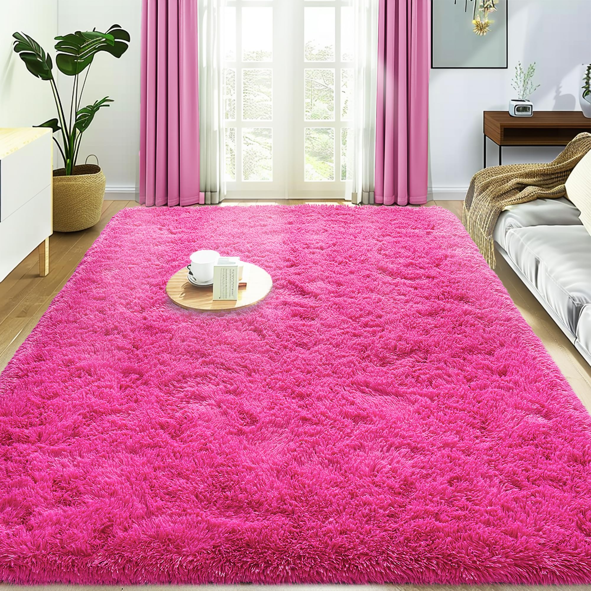 Super Fluffy Rug for Bedroom, 4x6 Shag Fuzzy Area Rug for Living Room Bedroom, Plush Soft Carpet for Girls Boys Kids, Non Slip Throw Rugs for Dorm, Modern Home Decor Aesthetic, Hot Pink