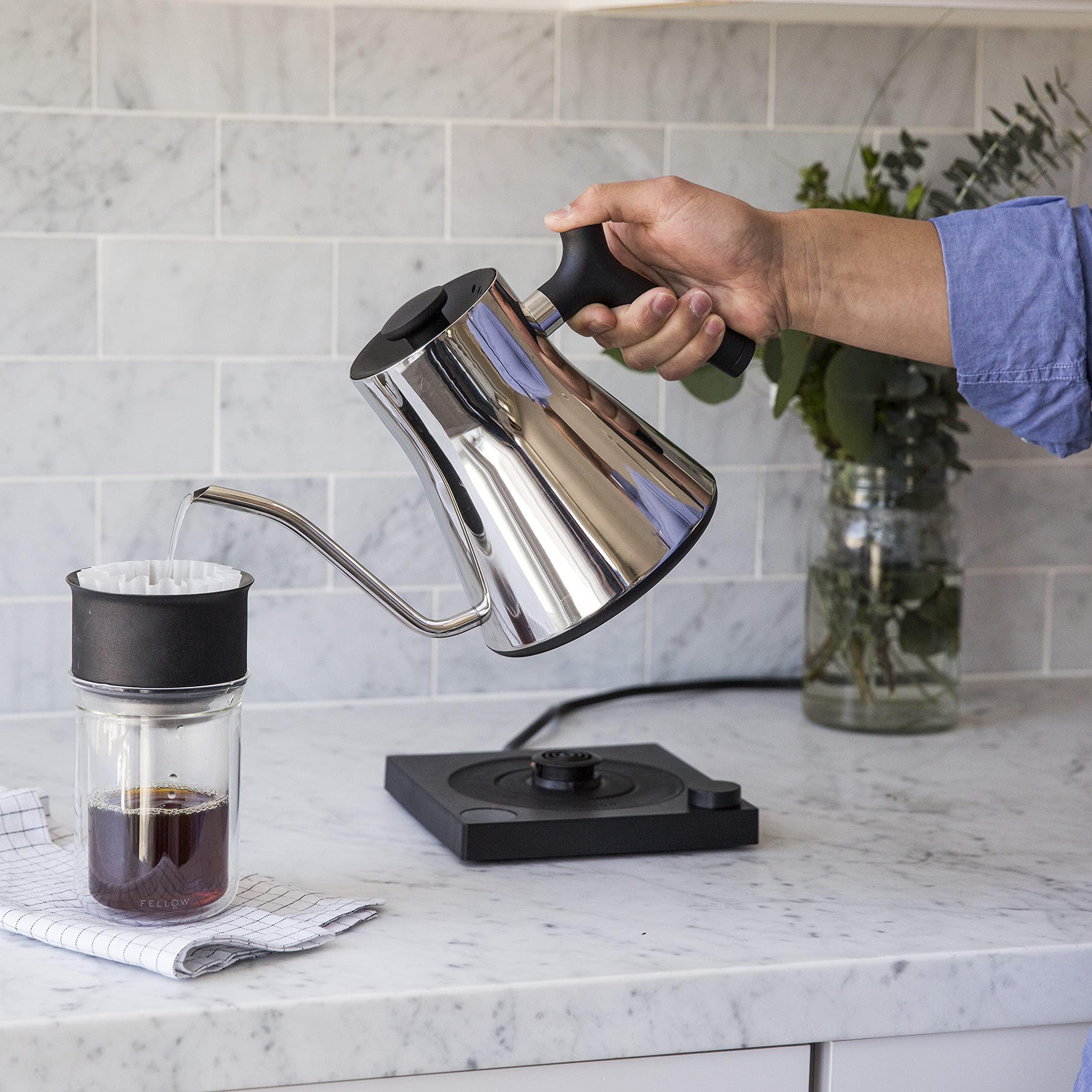 Fellow Stagg EKG Electric Gooseneck Kettle - Pour-Over Coffee and Tea Kettle - Stainless Steel Water Boiler - Quick Heating Electric Kettles for Boiling Water - Polished Steel
