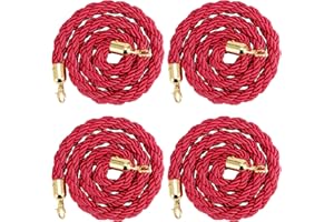 PINGEUI 4 Packs 4.9 Feet Stanchion Twisted Rope, Hemp Braided Queen Barrier Ropes, Barrier Ropes with Hooks for Hotel, Concerts, Theater, Red