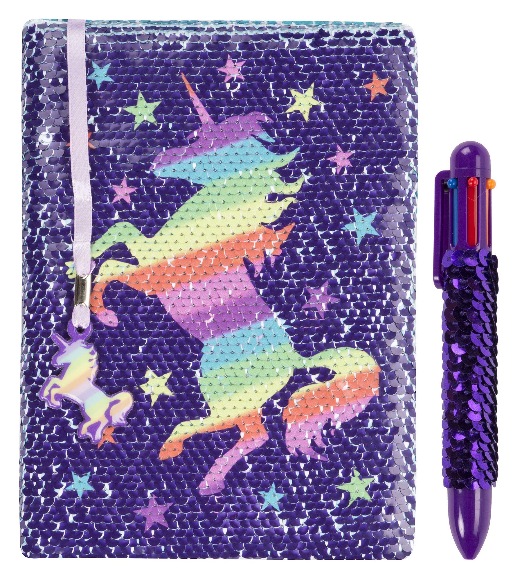 Fringoo® Reversible Sequin Diary with Multipoint Rainbow Pen for Girls Boys A5 Notebook with Bookmark Glitter School Unicorn Notepad 80 Pages (Rainbow Unicorn)