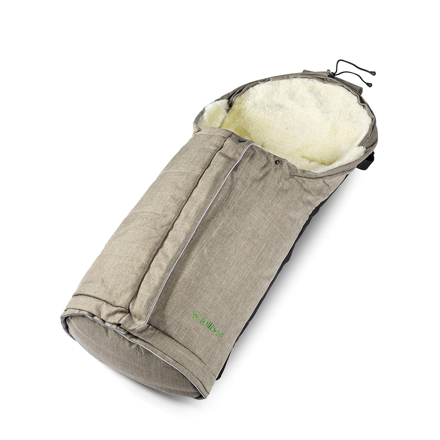 Fellhof 1087 Lammfell Fußsack Sölden, größenverstellbar, bei 30 °C waschbar, OEKO-TEX® Standard 100 zertifiziert, mit patentiertem Magnetverschluss, Rückenteil abzippbar, 40/45x82/94cm (beige-melange)