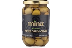 Mina Green Olives Pitted, 12.5 oz - Delicious Pitted Green Olives, Keto and Paleo Snack, Hand Picked, Naturally Cured, Gluten Free, Low Carb, Vegan, Non GMO and Kosher