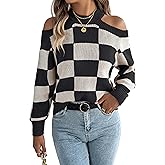 LemonGirl Off Shoulder Sweater Women Checkered Knit Pullover Round Neck Long Sleeve Autumn Casual Top