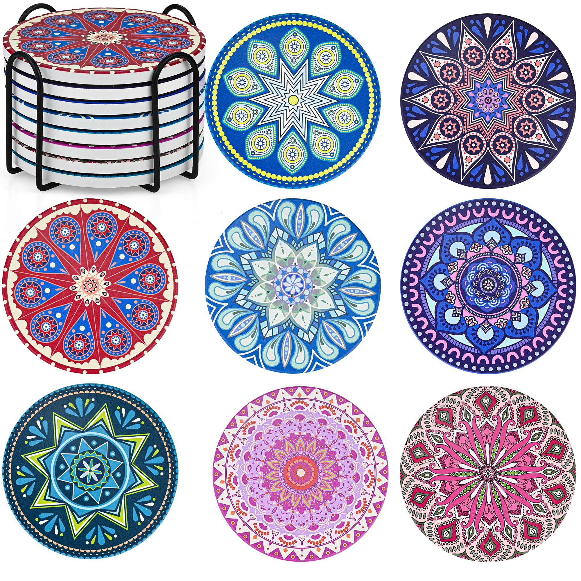Mandala Coasters Set of 8, Ceramic Round Drink Coasters with Holder Absorbent Drink Coaster Set with Non-slip Cork Base & Ceramic Stone Cup Pad for Cups Mug Wine Glass Home Kitchen & Bar - 4 Inches