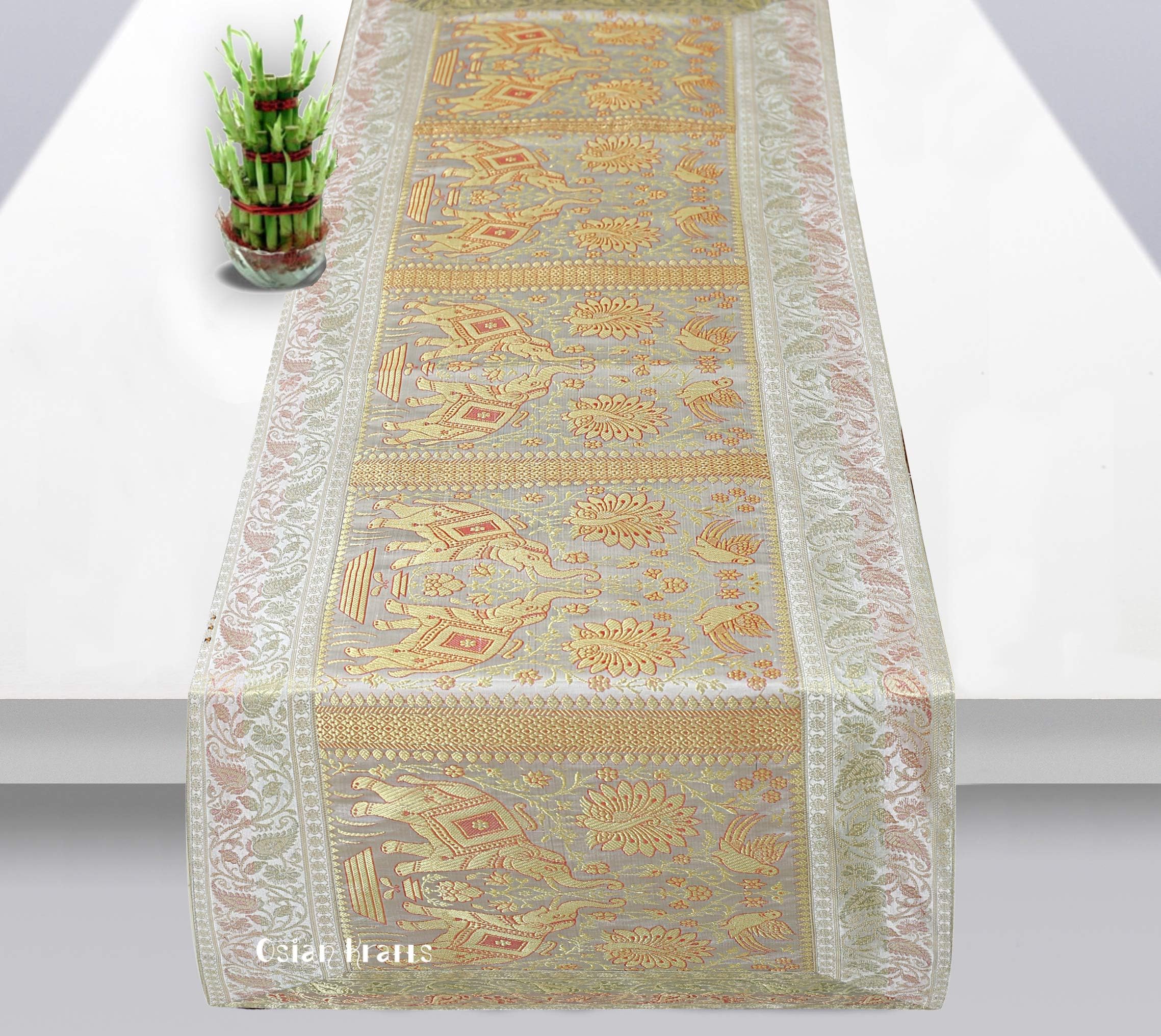 Christmas Gift Light Grey Gold Banarsi Brocade Silk Table Runner for Dining Table 6 & 4 Seater Elephant Peacock Centre Table Top Decor Rectangle | 60x16 Inches (152x40 cm)