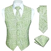 HISDERN Men's Vests Dress Suit Vest for Men Green 3pc Waistcoat & Tie Pocket Square Sage Green Paisley Vest Suit Tuxedo Formal Set Wedding Party