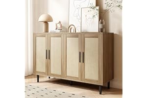 Sideboard Buffet Cabinet, 48” Kitchen Storage Cabinet with 4 Rattan Doors and Adjustable Shelves, Coffee Bar, Console Table f