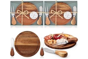 Maxcheck 2 Sets Baby Shower Bridal Game Prizes for Winners Round Cheese Board Set Wood Mini Charcuterie Board with Knives and Forks Thank You Card with Gift Box for Guests Wedding (Acacia)