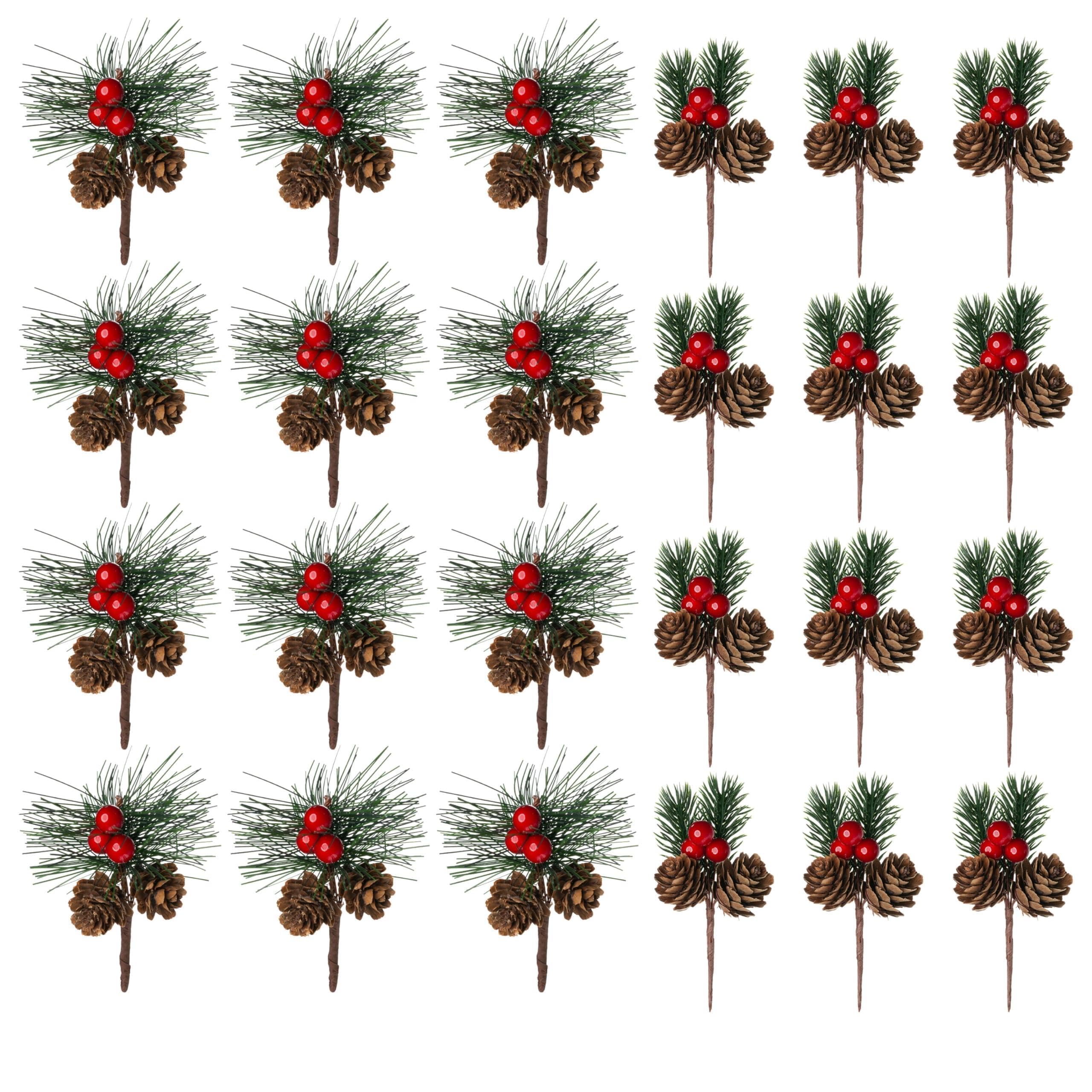 Photo 1 of 24 PCS Artificial Pine Picks with Pine Needles Branches & Red Berry Stems - 3.15'' Small Fake Berries Pinecones for Crafts, Christmas Tree DIY, Holiday Wreath Decor