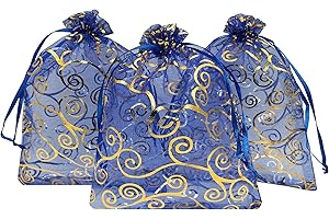 Ankirol 100pcs Sheer Organza Favor Bags 5x7'' For Wedding Gift Bags Samples Display Drawstring Pouches (blue-gold swirl)