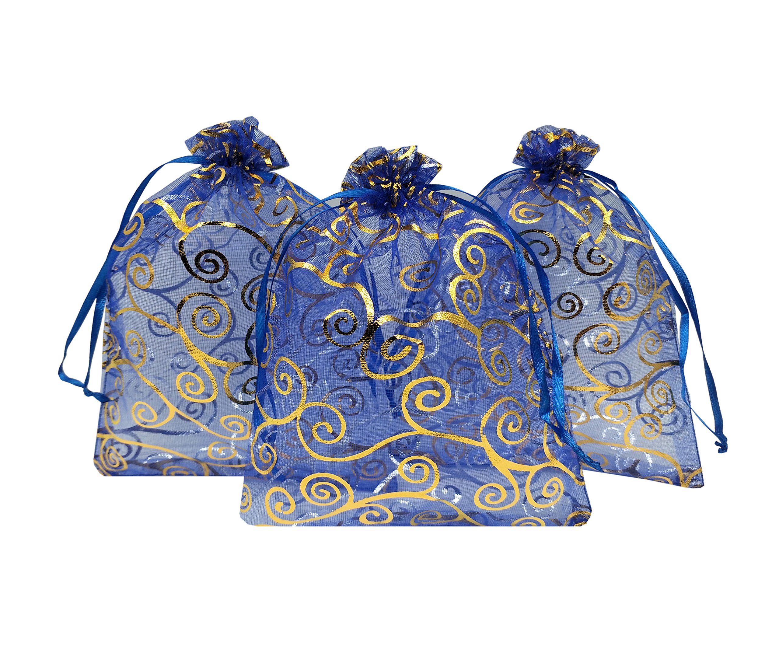 Ankirol 100pcs Sheer Organza Favor Bags 5x7'' For Wedding Gift Bags Samples Display Drawstring Pouches (blue-gold swirl)