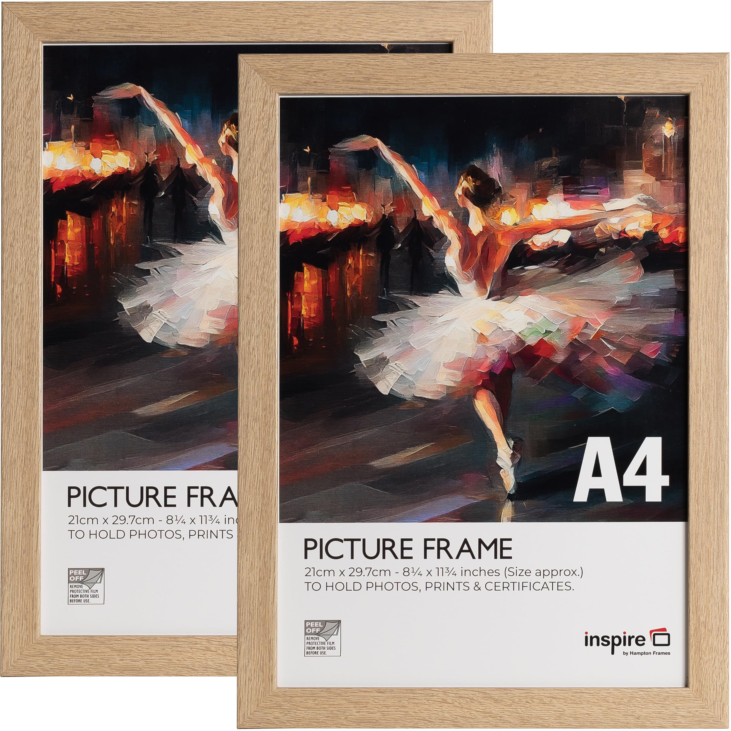 inspire by Hampton Frames | Poster Frame Set, WELFORD A4 (21x30cm), Oak Finish, Acrylic Front, Pack of 2 | Lightweight, Shatterproof Display, Easy Wall Mounting, Modern Home Décor