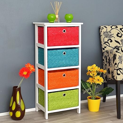 title=Mobiletto bianco con quattro ceste in arancio, verde, blu e rosso. NUOVO