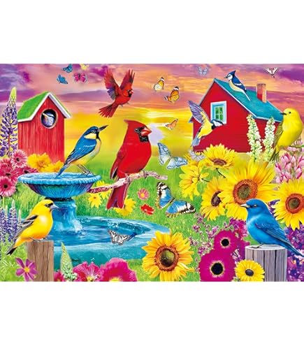 Bits And Pieces 300 Piece Jigsaw Puzzle - Backyard Color Birds Cardinal 18x24 Inch Large Piece Adult Puzzle