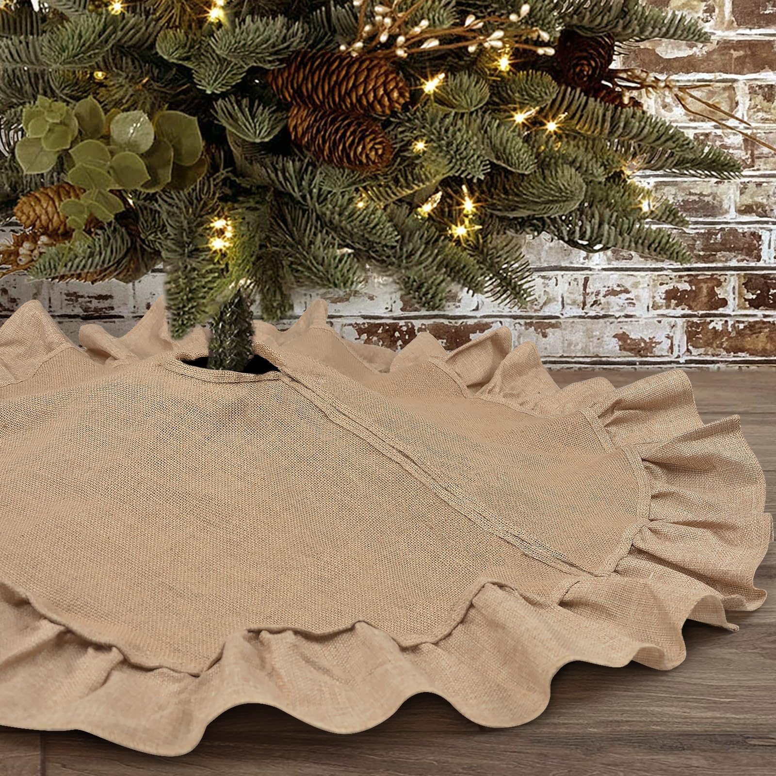 Photo 1 of Sofevaim Burlap Christmas Tree Skirt with Ruffled Border, 30 inch Small Linen Burlap Christmas Tree Decorations, Fall Thanksgiving Xmas Boho Rustic Farmhouse Tree Ornaments for All Year Holiday Decor