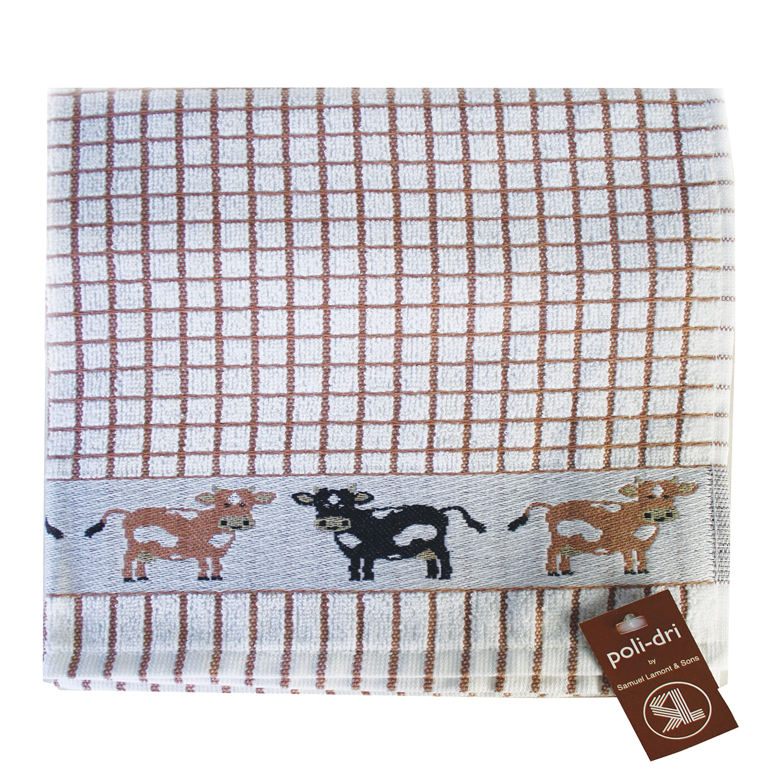 Samuel Lamont & Sons Poli-Dri Jacquard Tea Towel Brown Cows, Size 50cm x 70cm, 100% Cotton Terry Towelling , Ultra-absorbent & Super Soft, Machine Washable, Brown, One Size