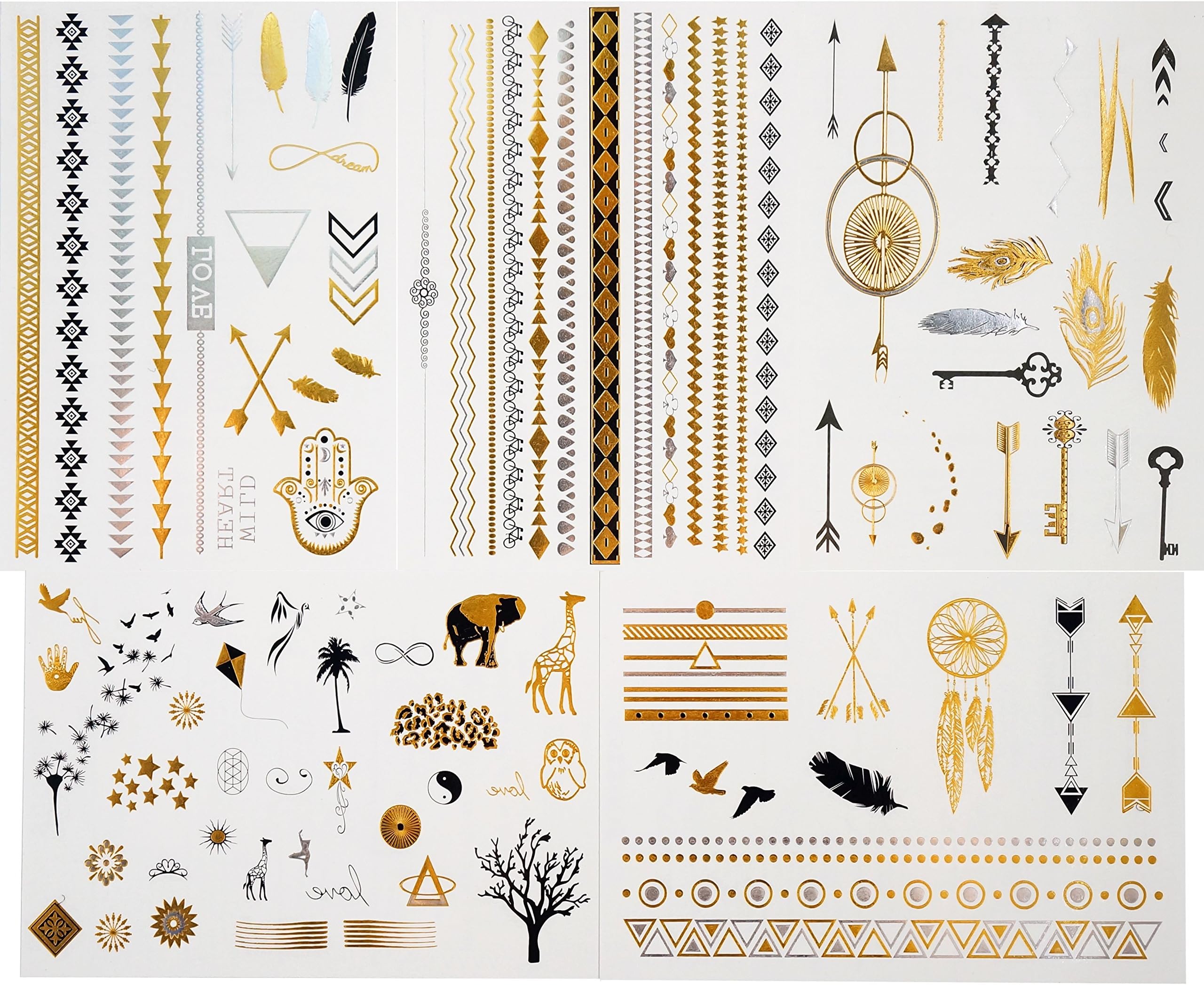 Gift!!! Tastto 5 Sheets Metallic Temporary Tattoos for Women & Girls, Over 85+ Tattoos with Gift