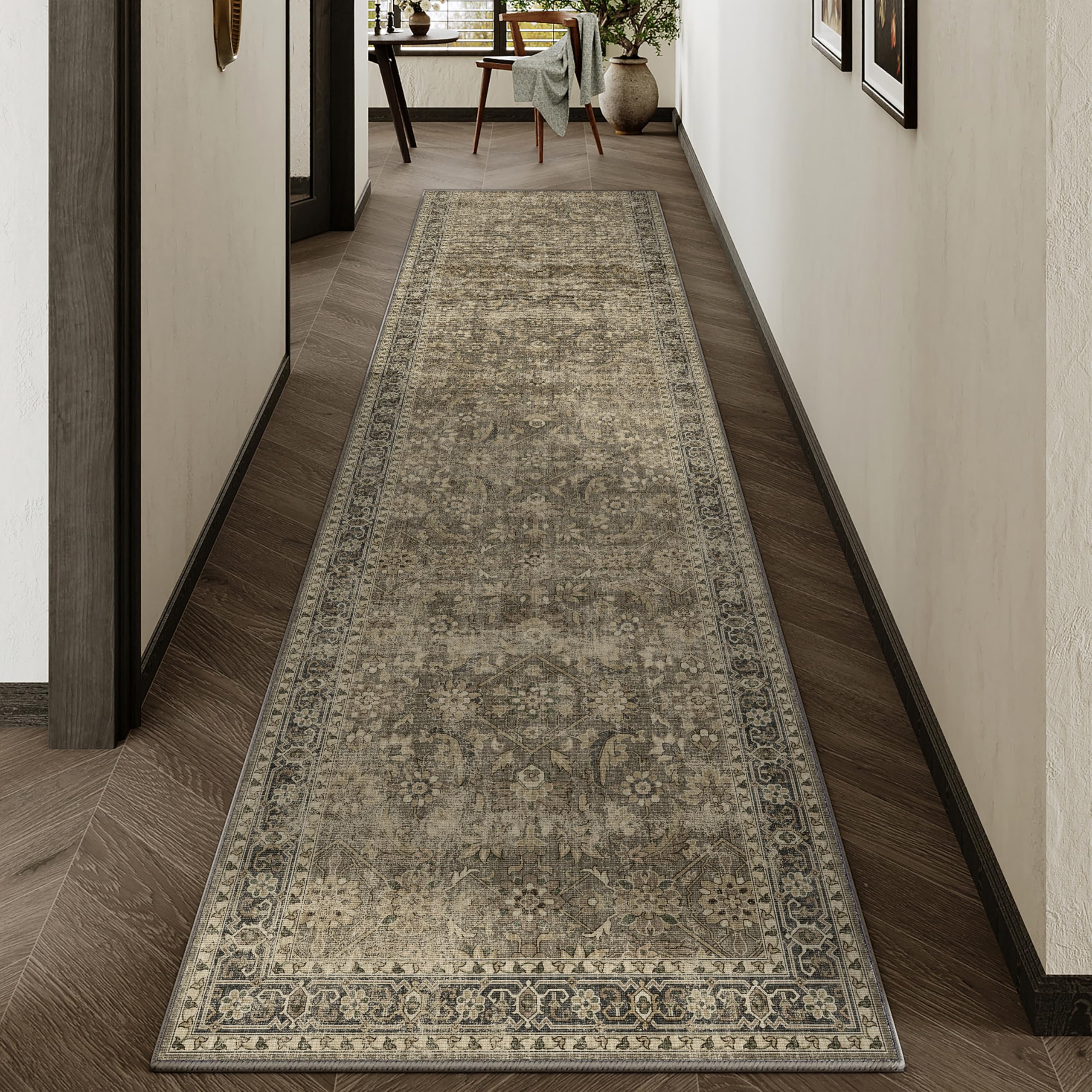 HUGEAR 2x8 Runner Rug Machine Washable Brown Hallway Area Rug Indoor Floral Low Pile Carpet Distressed Throw Rugs Non Slip Bedroom Living Room Office Dining Kitchen Laundry