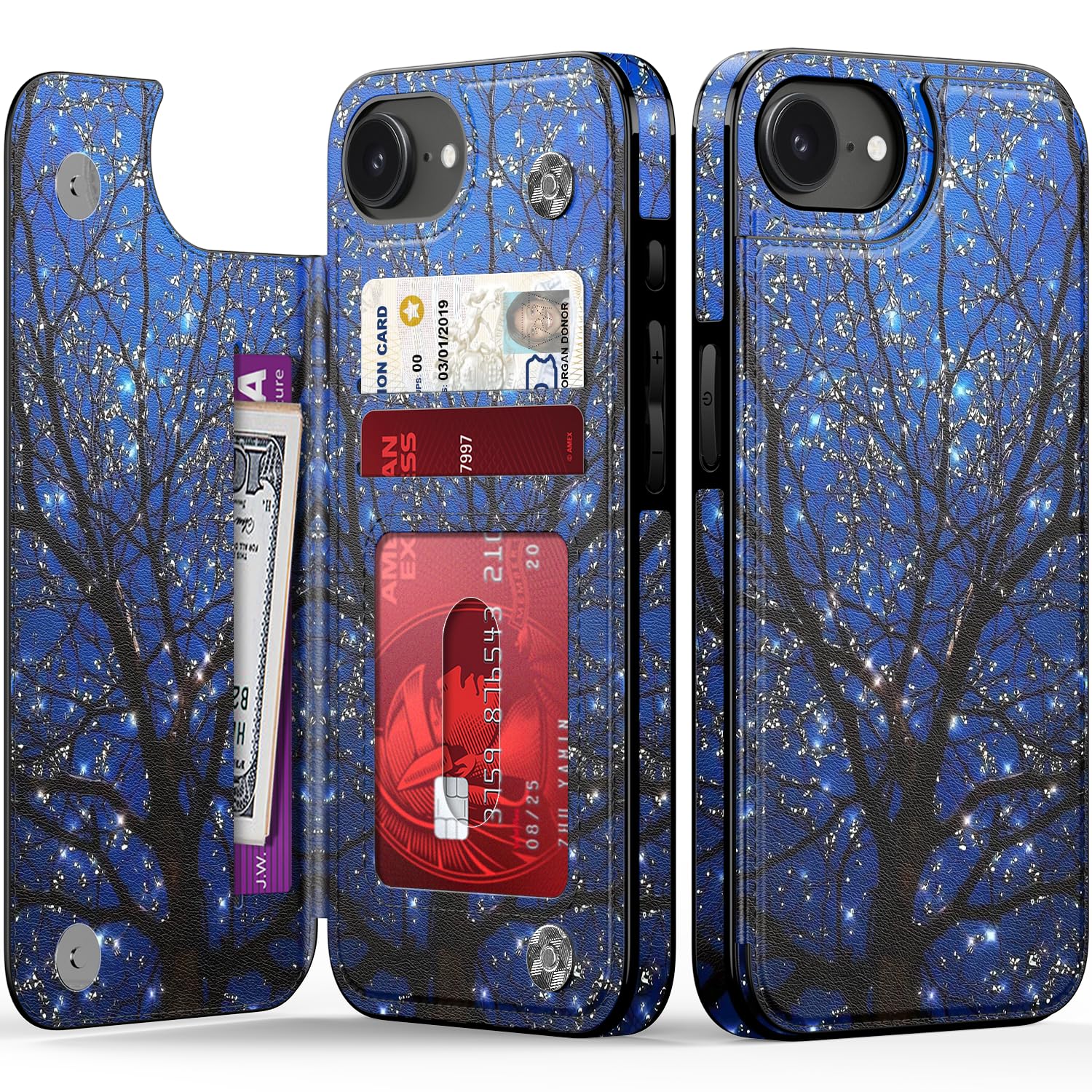 FUNMIKO for iPhone 16e Wallet Case with Card Holder, RFID-Blocking, Military-Grade Protection & UV-Printed Artwork, Magnetic Closure with Leather Kickstand - Dreamy Wishing Tree