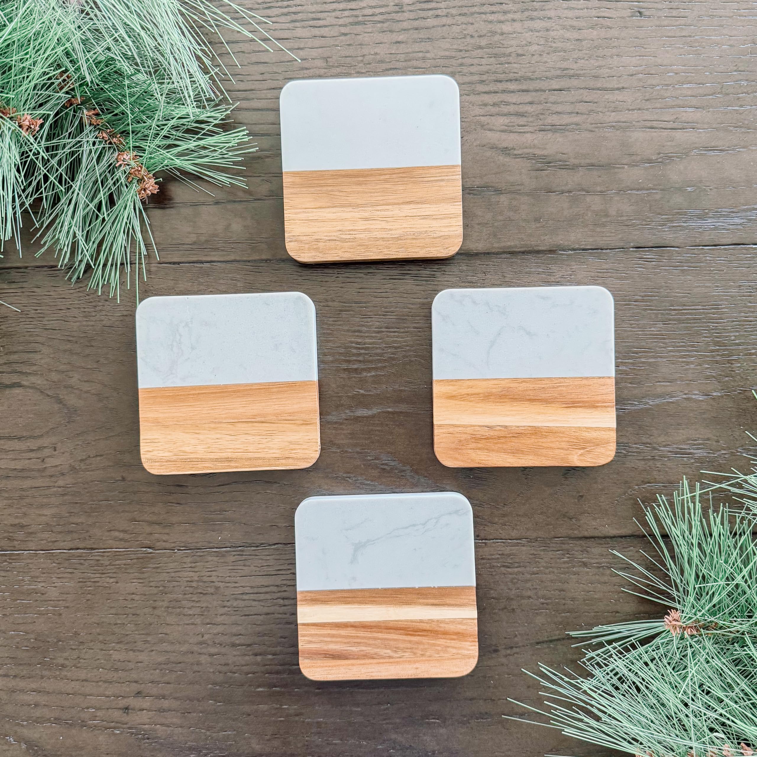 Photo 1 of Acacia and Marble Coasters, Set of 4, White (Square)