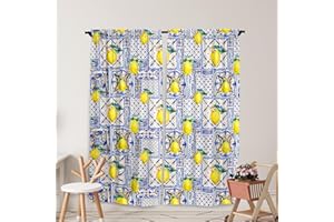 Yilinata Blue Tiles Lemon Window Curtains Summer Fruit Chic Curtain for Baby Living Room Bedroom Nursery Toddler Home Rod Pocket Drapes Decor Durable Fabric 84 in x 84 in
