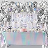 Iridescent Birthday Party Decoration Set 78Pcs, Disco Groovy 60s 70s Party Supplies Silver Party Decors include Disco Ball Banner Balloon Garland Arch Tablecloth Fringe Curtain Cake Topper Set