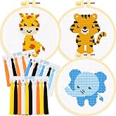 Stamped Cross Stitch Kits for Beginners Adults Kids, Elephant Tiger Giraffe | Stamped cross stitch kits for kids and adults, 3 zoo animal designs, 6in embroidery hoop, thread, needles, beginner set